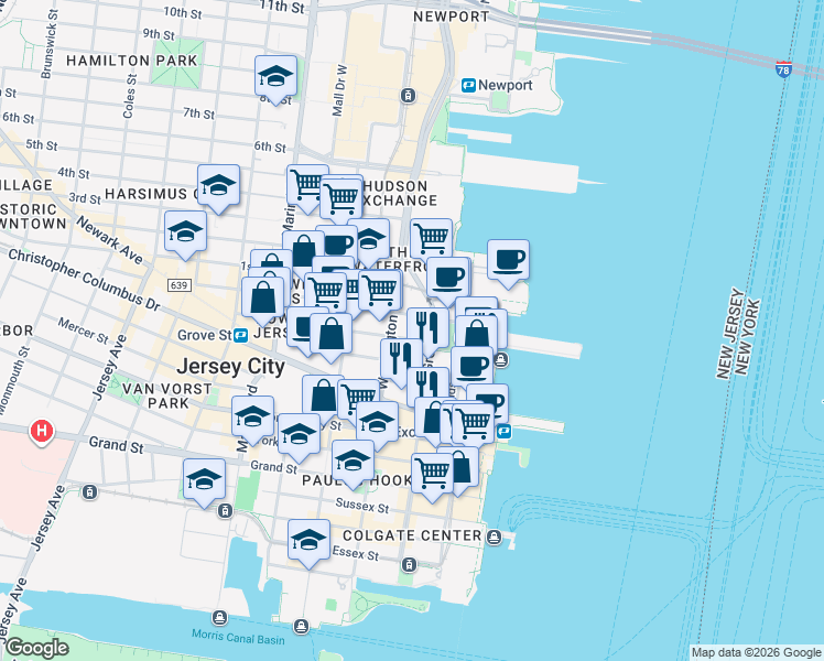 map of restaurants, bars, coffee shops, grocery stores, and more near 168 Greene Street in Jersey City