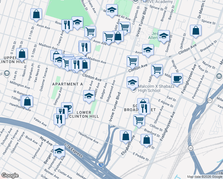 map of restaurants, bars, coffee shops, grocery stores, and more near 107 West Alpine Street in Newark