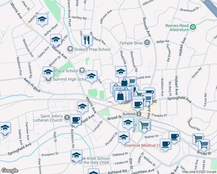 map of restaurants, bars, coffee shops, grocery stores, and more near 25 Norwood Avenue in Summit