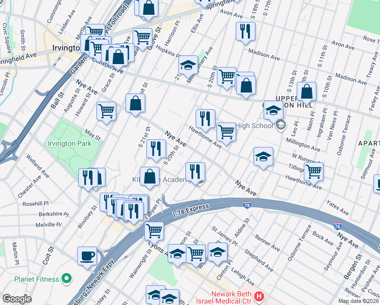 map of restaurants, bars, coffee shops, grocery stores, and more near 19 Birks Place in Newark