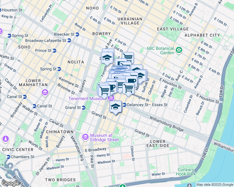 map of restaurants, bars, coffee shops, grocery stores, and more near 143 Ludlow Street in New York