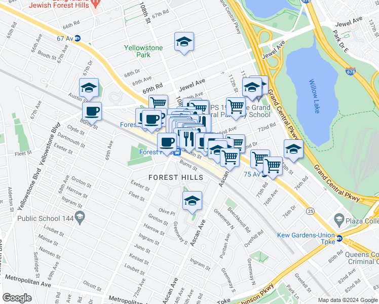map of restaurants, bars, coffee shops, grocery stores, and more near 107-23 71st Road in Queens