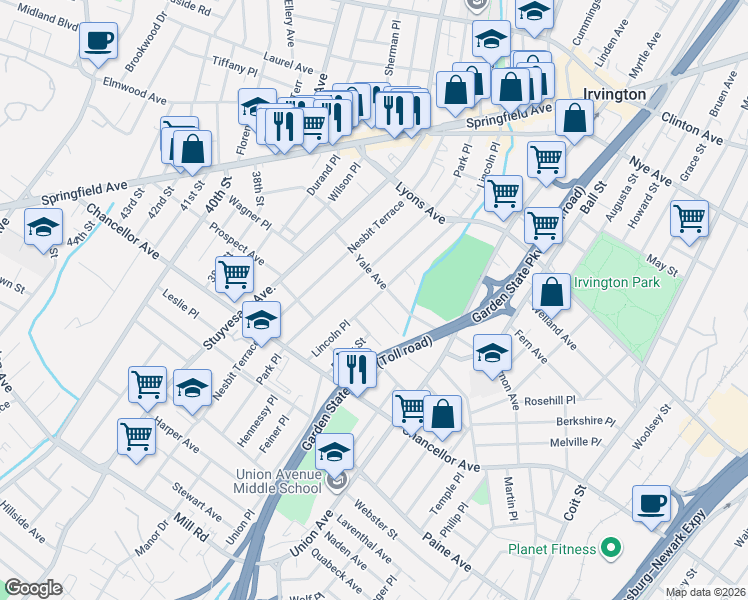 map of restaurants, bars, coffee shops, grocery stores, and more near 166 Park Place in Irvington