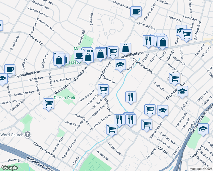 map of restaurants, bars, coffee shops, grocery stores, and more near 4 Henry Place in Maplewood