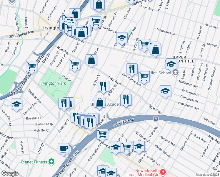 map of restaurants, bars, coffee shops, grocery stores, and more near 302 Nye Avenue in Irvington
