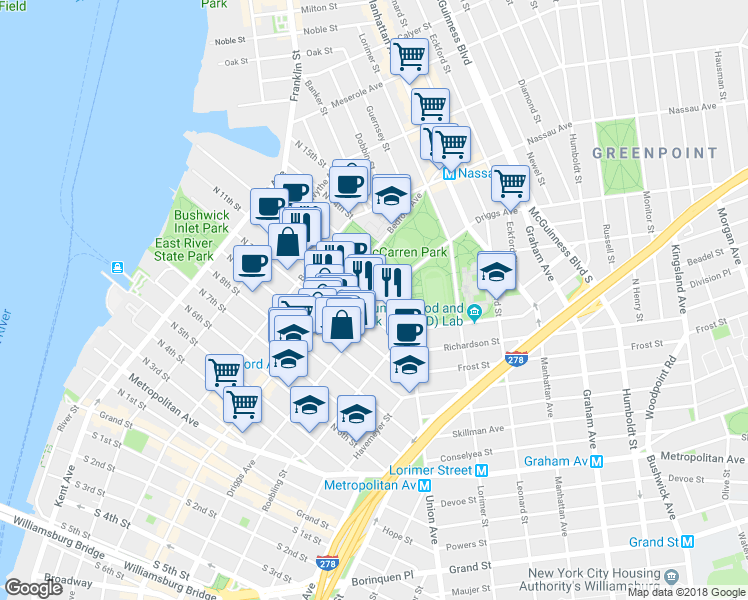map of restaurants, bars, coffee shops, grocery stores, and more near 91 North 12th Street in Brooklyn