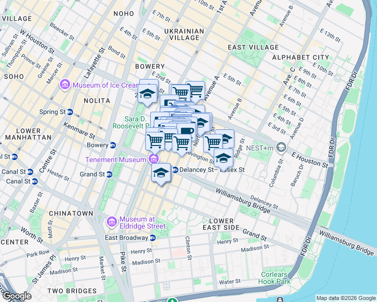 map of restaurants, bars, coffee shops, grocery stores, and more near 143 Essex Street in New York