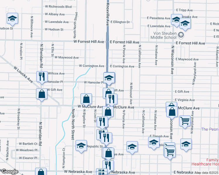 map of restaurants, bars, coffee shops, grocery stores, and more near 2628 North Knoxville Avenue in Peoria