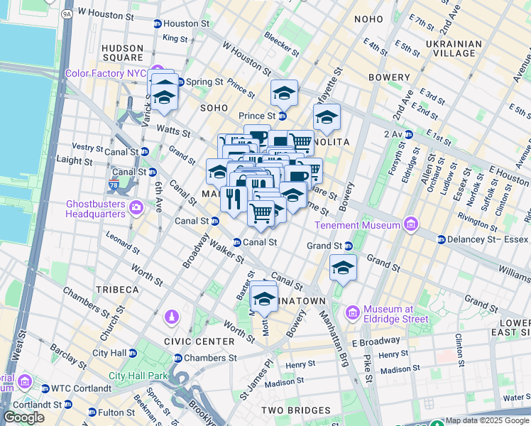 map of restaurants, bars, coffee shops, grocery stores, and more near 138 Grand Street in New York