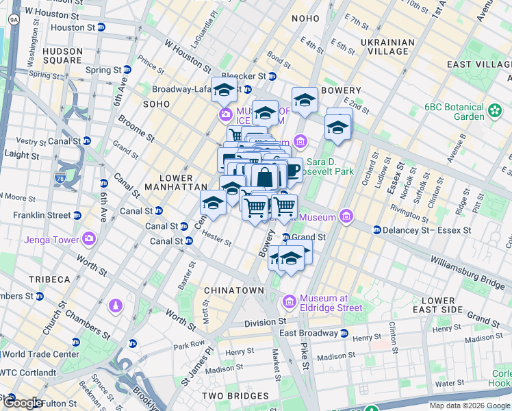 map of restaurants, bars, coffee shops, grocery stores, and more near 146 Elizabeth Street in New York
