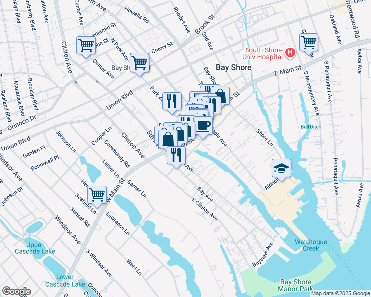 map of restaurants, bars, coffee shops, grocery stores, and more near 85 West Main Street in Bay Shore