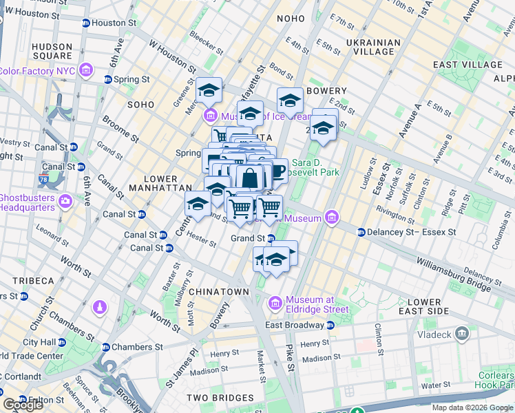 map of restaurants, bars, coffee shops, grocery stores, and more near 146 Elizabeth Street in New York