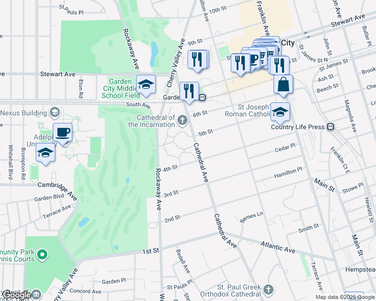 map of restaurants, bars, coffee shops, grocery stores, and more near 36 Cathedral Avenue in Garden City