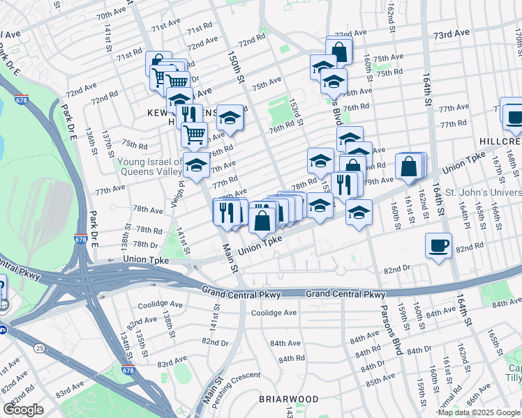 map of restaurants, bars, coffee shops, grocery stores, and more near 147-35 78th Road in Queens