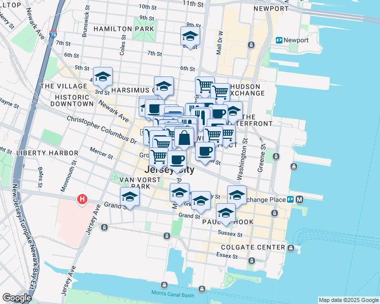 map of restaurants, bars, coffee shops, grocery stores, and more near Marin Boulevard & Steuben Street in Jersey City