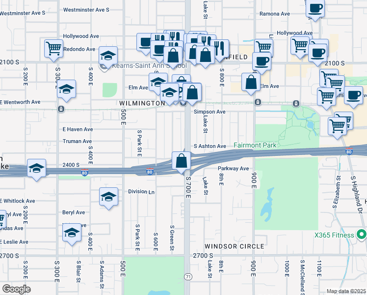 map of restaurants, bars, coffee shops, grocery stores, and more near 2306 South 700 East in Salt Lake City