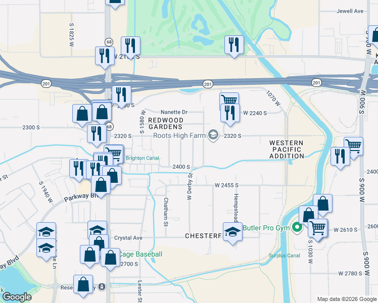 map of restaurants, bars, coffee shops, grocery stores, and more near 2331 West Derby Street in West Valley City