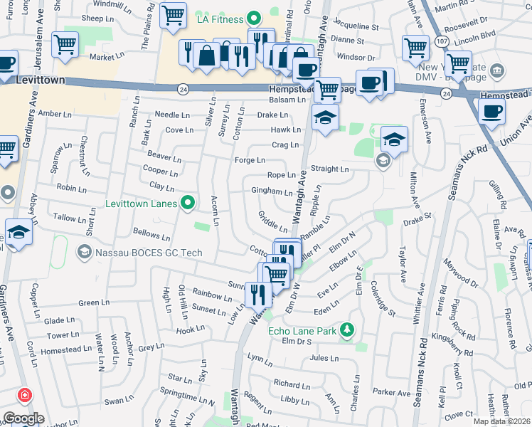map of restaurants, bars, coffee shops, grocery stores, and more near 7 Saucer Lane in Levittown