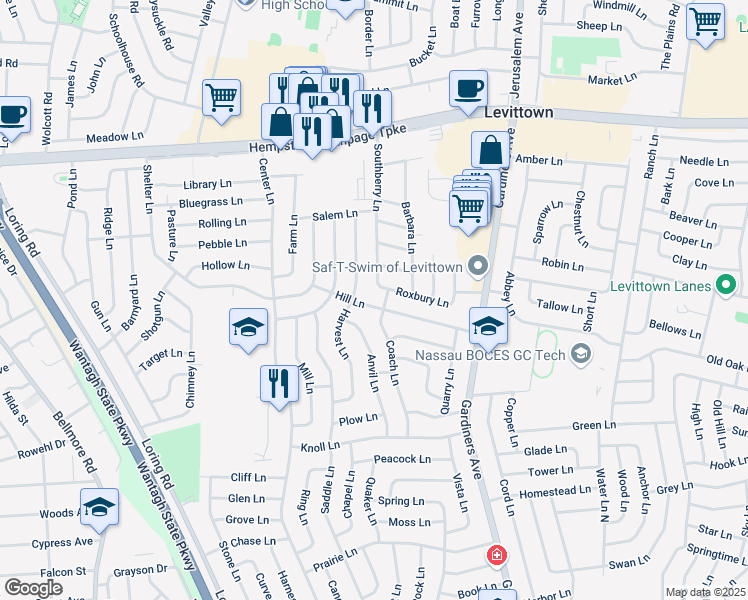 map of restaurants, bars, coffee shops, grocery stores, and more near 39 Harvest Lane in Levittown
