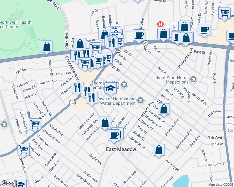 map of restaurants, bars, coffee shops, grocery stores, and more near 1964 Lincoln Avenue in East Meadow