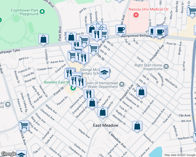 map of restaurants, bars, coffee shops, grocery stores, and more near 1964 Lincoln Avenue in East Meadow
