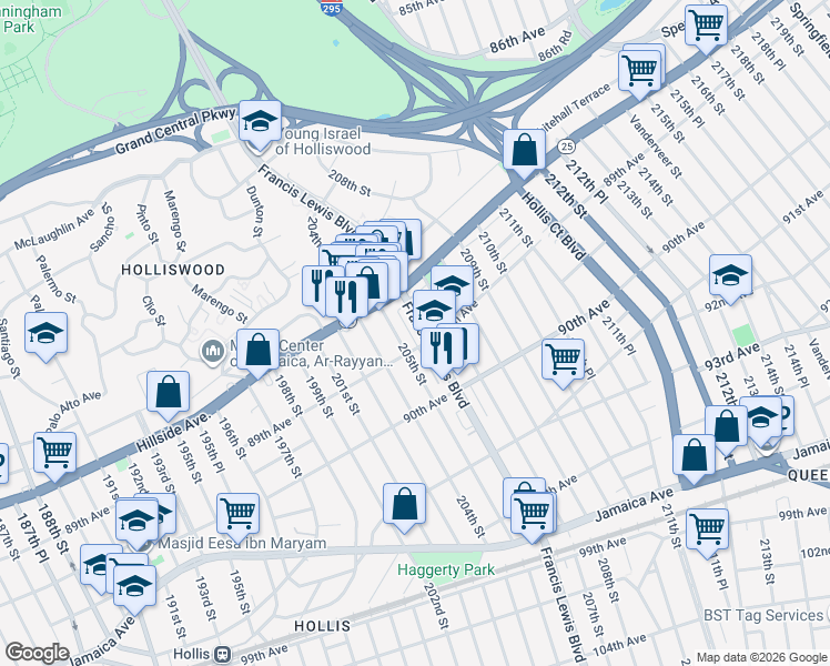 map of restaurants, bars, coffee shops, grocery stores, and more near 88-14 Francis Lewis Boulevard in Queens
