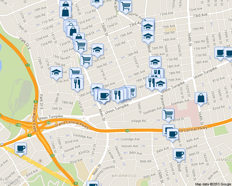 map of restaurants, bars, coffee shops, grocery stores, and more near 147-35 78th Road in Queens