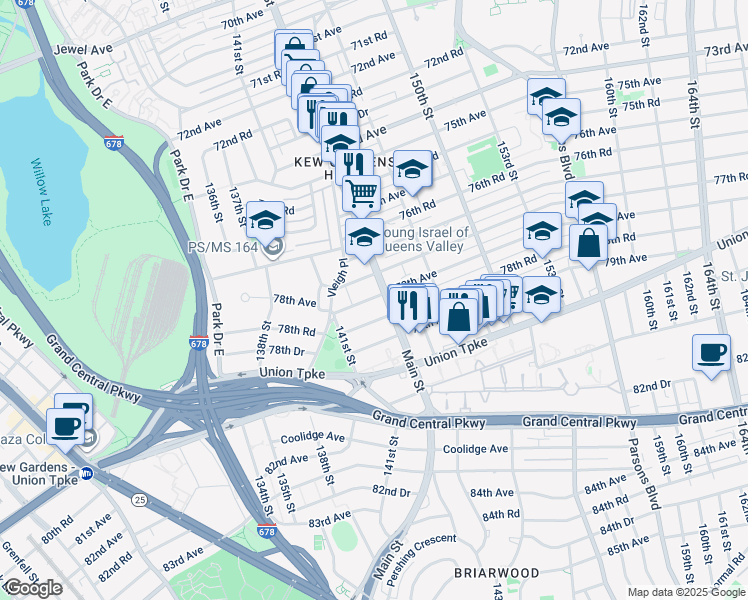 map of restaurants, bars, coffee shops, grocery stores, and more near 141-36 77th Avenue in Queens