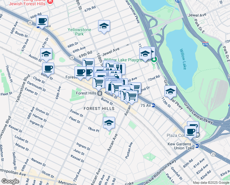 map of restaurants, bars, coffee shops, grocery stores, and more near 109-34 71st Road in Queens