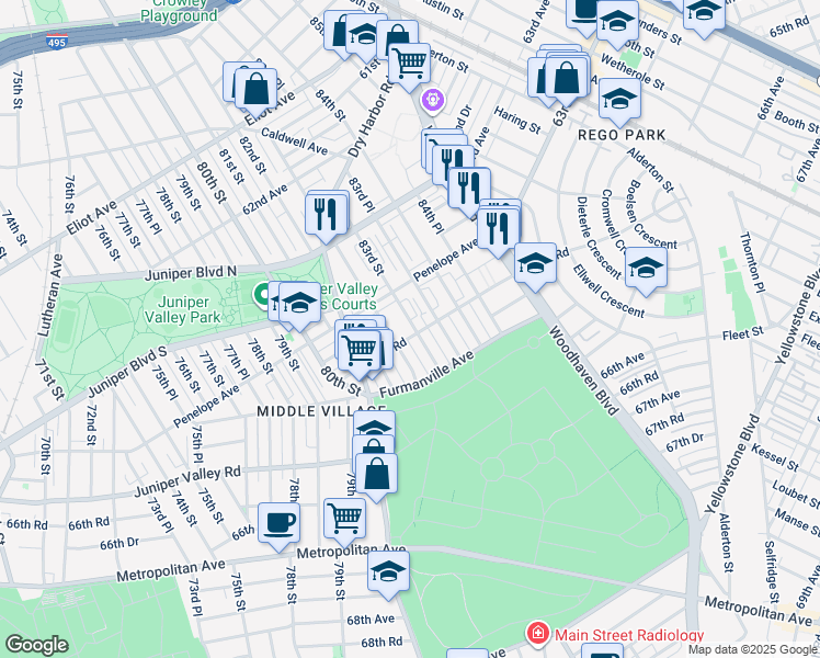 map of restaurants, bars, coffee shops, grocery stores, and more near 64-26 83rd Place in Queens