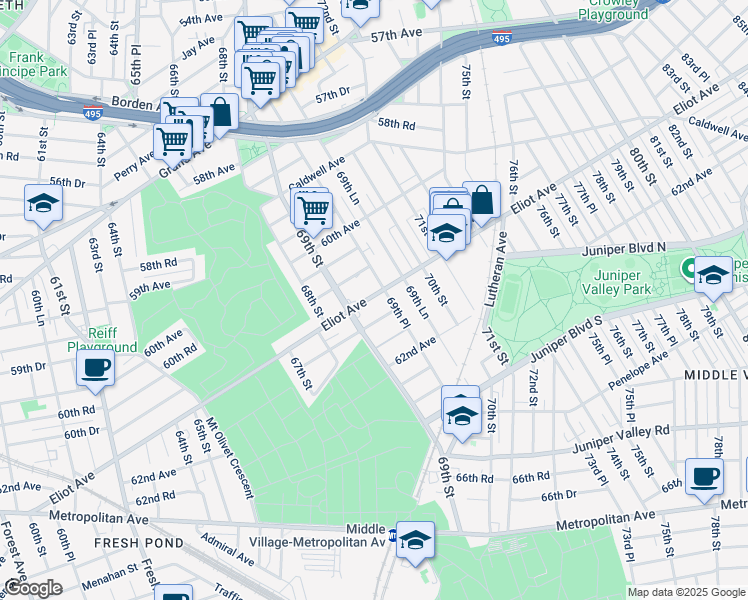 map of restaurants, bars, coffee shops, grocery stores, and more near 60-72 69th Place in Queens