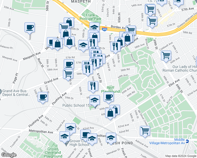 map of restaurants, bars, coffee shops, grocery stores, and more near 58-19 61st Street in Queens