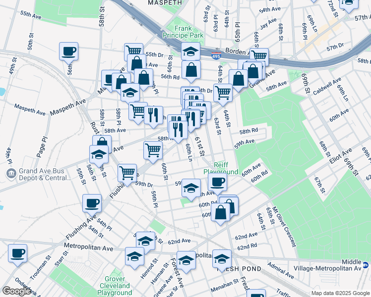 map of restaurants, bars, coffee shops, grocery stores, and more near 60-78 Flushing Avenue in Queens