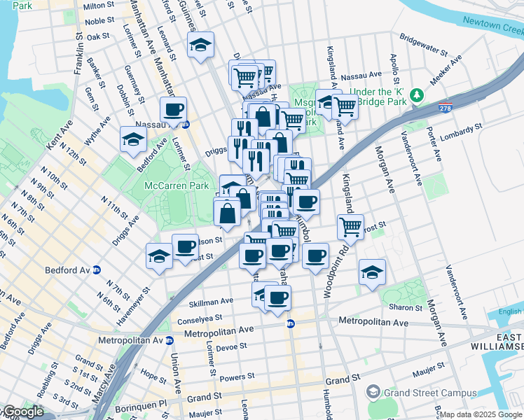 map of restaurants, bars, coffee shops, grocery stores, and more near 167 Bayard Street in Brooklyn