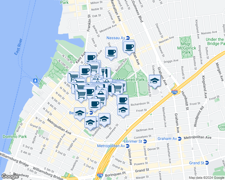 map of restaurants, bars, coffee shops, grocery stores, and more near in Brooklyn