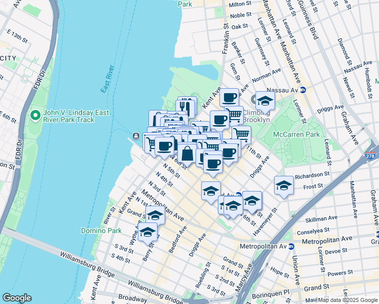map of restaurants, bars, coffee shops, grocery stores, and more near 66 North 8th Street in Brooklyn