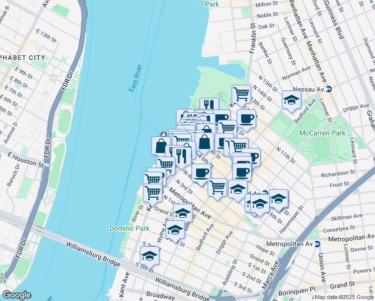 map of restaurants, bars, coffee shops, grocery stores, and more near 22 North 6th Street in Brooklyn