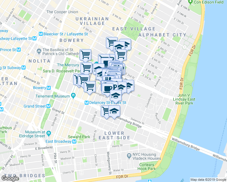 map of restaurants, bars, coffee shops, grocery stores, and more near 25 Clinton Street in New York