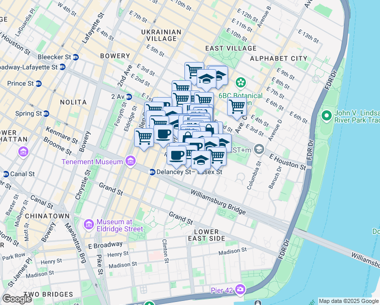 map of restaurants, bars, coffee shops, grocery stores, and more near 25 Clinton Street in New York
