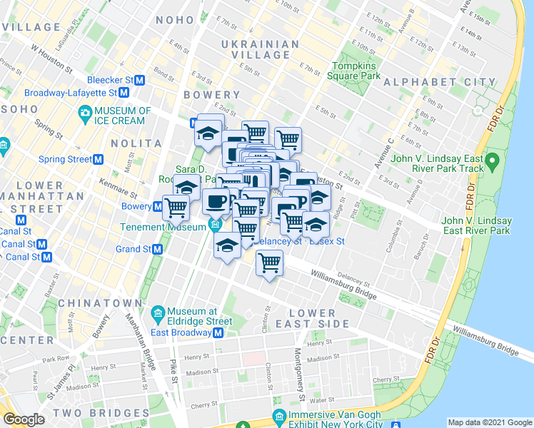 map of restaurants, bars, coffee shops, grocery stores, and more near 113 Rivington Street in New York