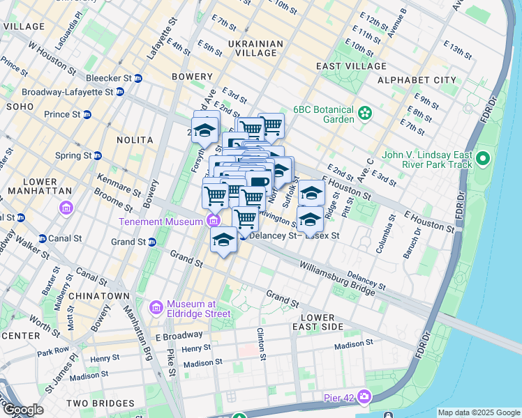 map of restaurants, bars, coffee shops, grocery stores, and more near 113 Rivington Street in New York