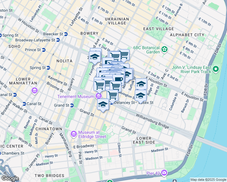 map of restaurants, bars, coffee shops, grocery stores, and more near 113 Rivington Street in New York