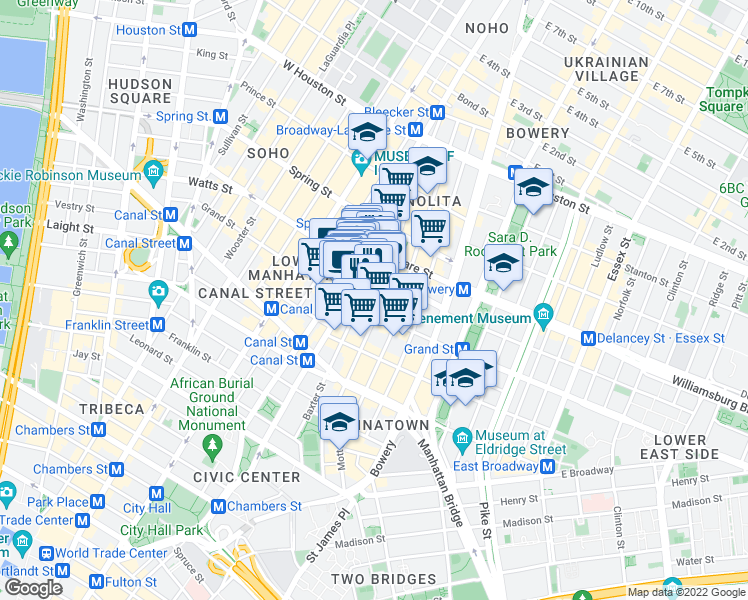 map of restaurants, bars, coffee shops, grocery stores, and more near 400 Broome Street in New York