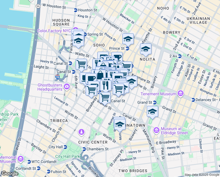 map of restaurants, bars, coffee shops, grocery stores, and more near in New York