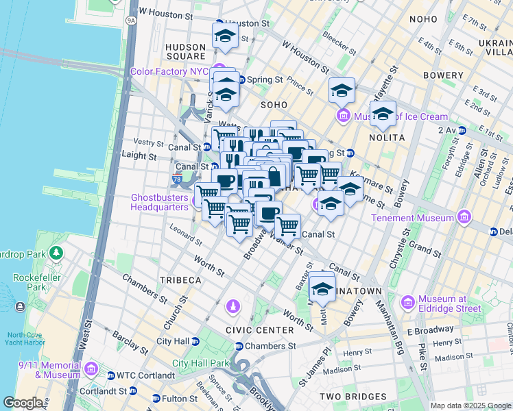 map of restaurants, bars, coffee shops, grocery stores, and more near 7 Mercer Street in New York