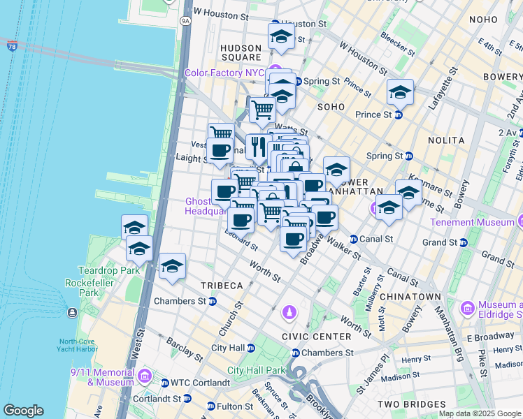 map of restaurants, bars, coffee shops, grocery stores, and more near 47 6th Avenue in New York