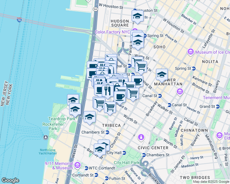 map of restaurants, bars, coffee shops, grocery stores, and more near 129w Hudson Street in New York