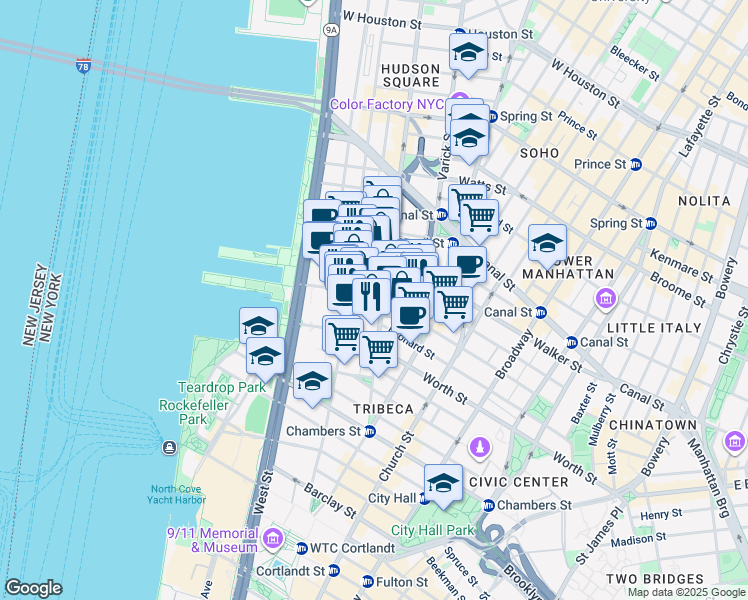 map of restaurants, bars, coffee shops, grocery stores, and more near 129w Hudson Street in New York