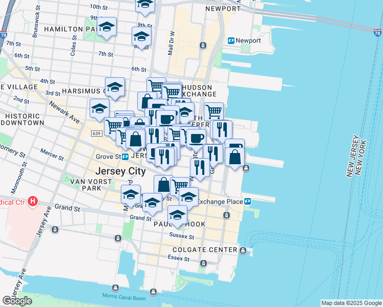 map of restaurants, bars, coffee shops, grocery stores, and more near 80026 Bay Street in Jersey City