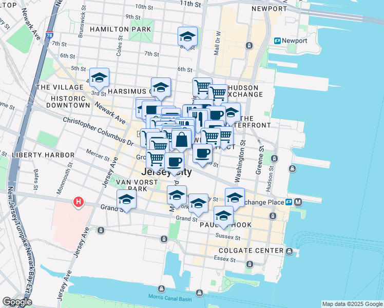 map of restaurants, bars, coffee shops, grocery stores, and more near 343 Marin Boulevard in Jersey City